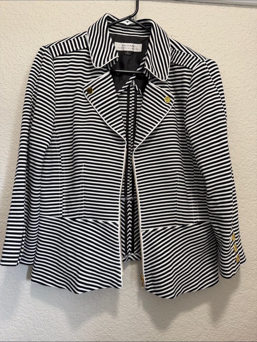 Tahari Black and White Striped Blazer with Gold Accents